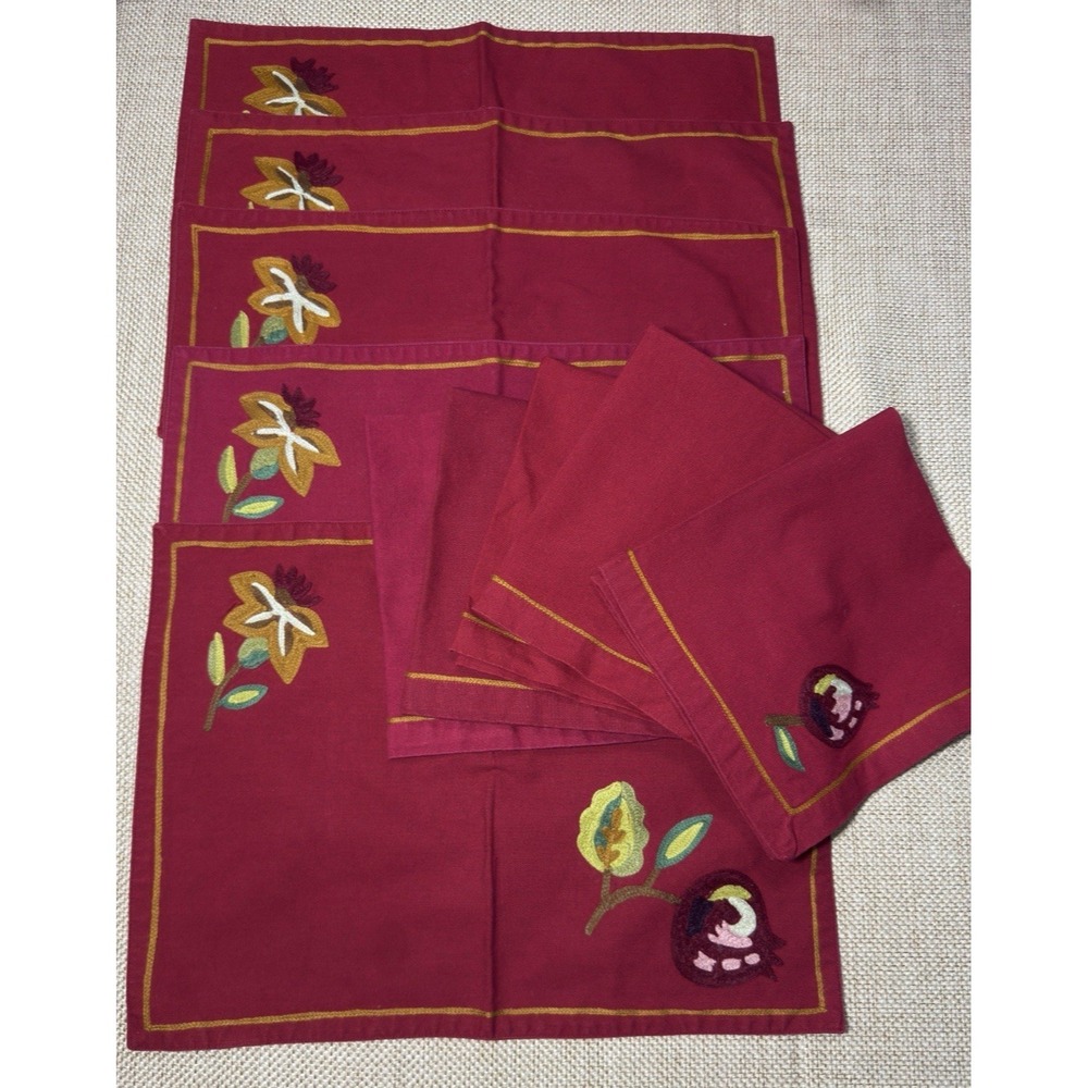 Williams Sonoma Orchard Crewel Napkin Placemat Set Red Floral Embroidered Lot